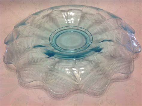 Vintage Aqua Depression Glass Etched Rolled Rim Bowl