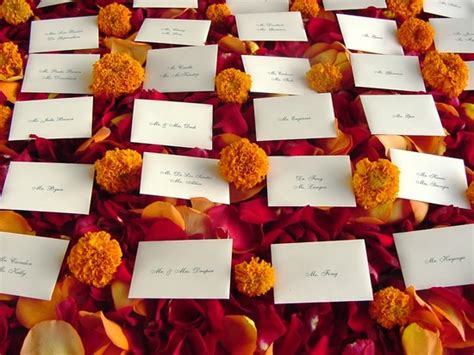 Marigold Wedding Inspiration Escort Cards With Rose Petals