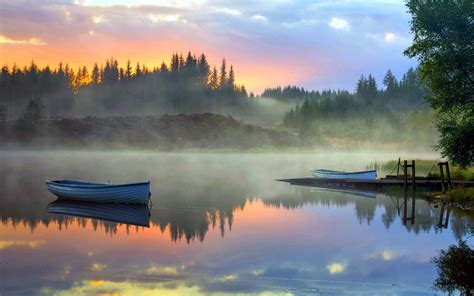 Nature Landscape Sunrise Mist Forest Lake Boat Clouds Calm Water