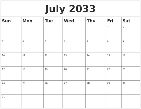July 2033 Blank Calendar