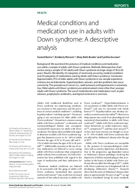 Pdf Medical Conditions And Medication Use In Adults With Down Syndrome A Descriptive Analysis