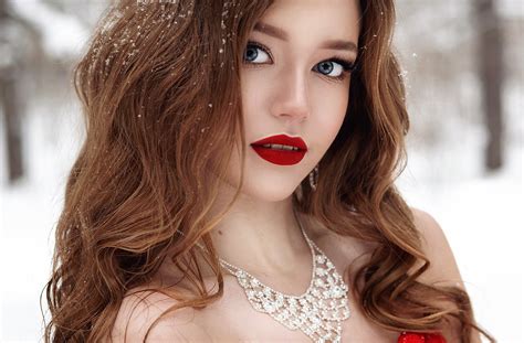 Photography Of Woman Wearing Red Lipstick Silver Colored Necklace Under The Snow Hd Wallpaper