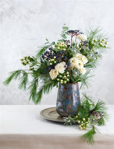 Beautiful Winter Bouquet In Vase Flower Arrangement With Roses Fir