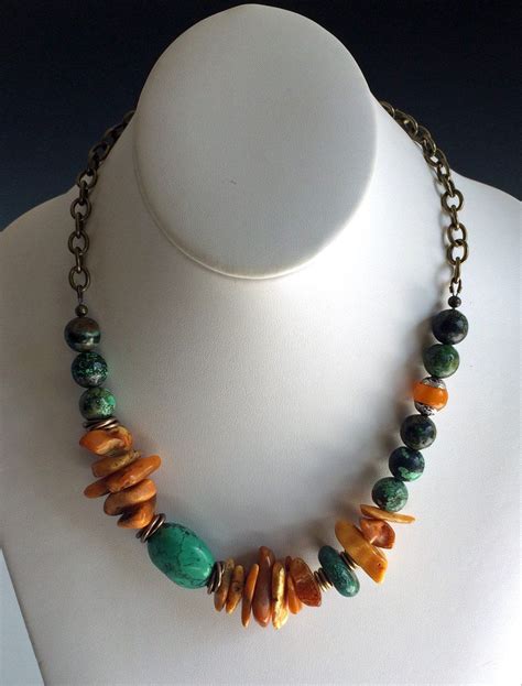 Turquoise And Amber Necklace Mixed Stone Necklace Rustic Etsy Mixed