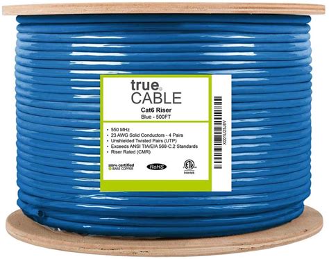 Cat6 Ethernet Cable 500ft 23 Awg Riser Insulated Solid Bare Copper