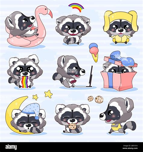 Cute Raccoon Kawaii Cartoon Vector Characters Set Adorable And Funny