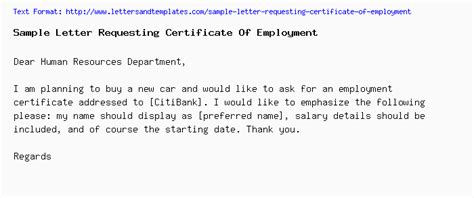 Sample application letter for leaving certificate. Sample Letter Requesting Certificate Of Employment