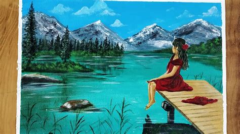 A Girl Sitting On A Dock By River Paintingbeautiful Landscape Scenery