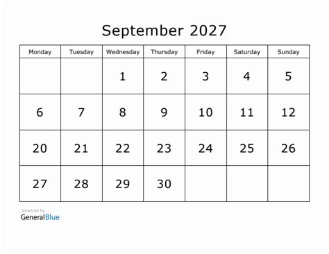 Printable September 2027 Calendar