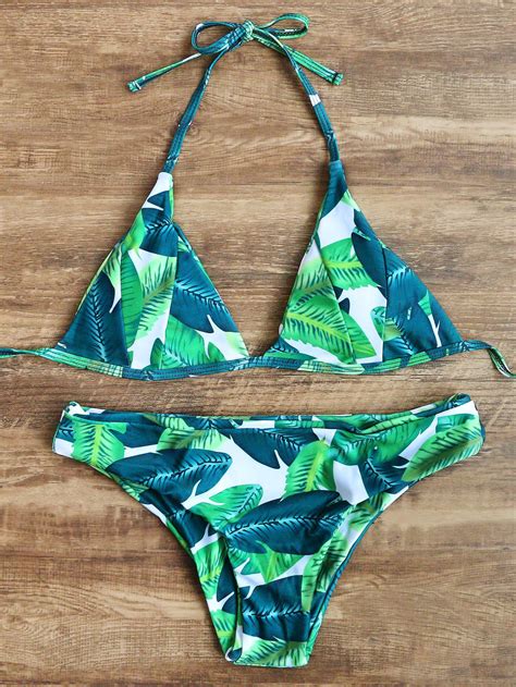 Green Leaf Print Triangle Bikini Setfor Women Romwe