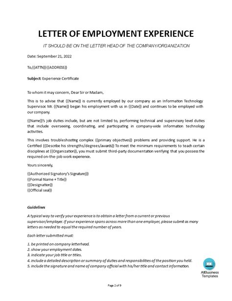 Work Experience Letter Templates At