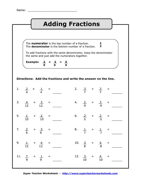 Adding Fractions Printable Worksheets