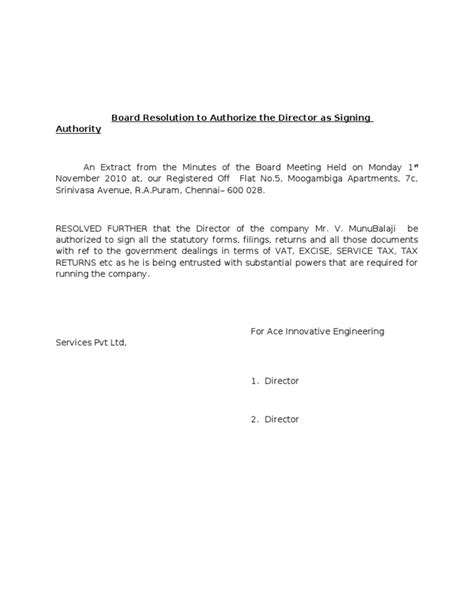 Board Resolution To Authorize The Director As Signing Authority
