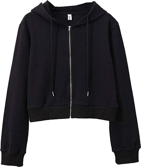 Womens Cropped Zip Up Hoodie Long Sleeves With Drawstring Hooded
