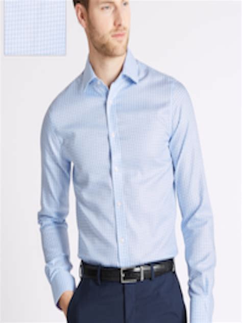 Buy Marks And Spencer Men Blue And White Slim Fit Checked Formal Shirt