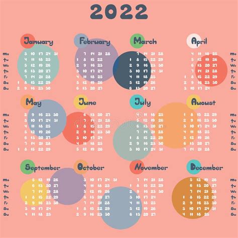 Colorful Calendar 2022 Design Vector Template Of 12 Months And Week
