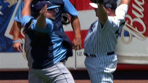 Greene Makes Grab In Left With Catchers Mitt Chest Bumps Rays Player
