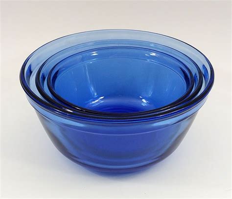 Anchor Hocking Blue Set Of 3 Mixing Bowls Ovenware 1qt 1 5qt 2 5qt Blue Glassware Vintage