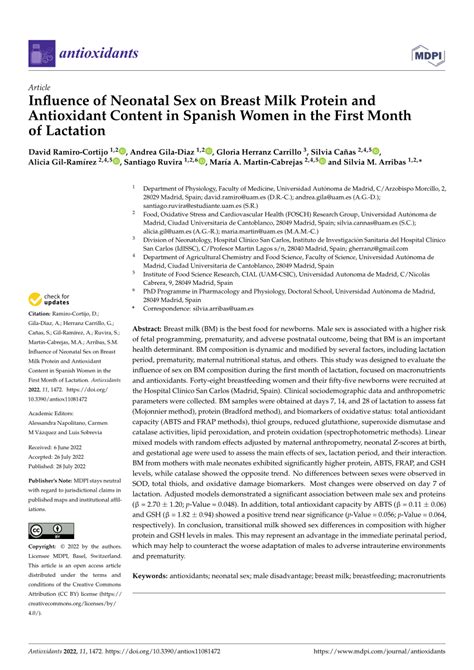 Pdf Influence Of Neonatal Sex On Breast Milk Protein And Antioxidant Content In Spanish Women