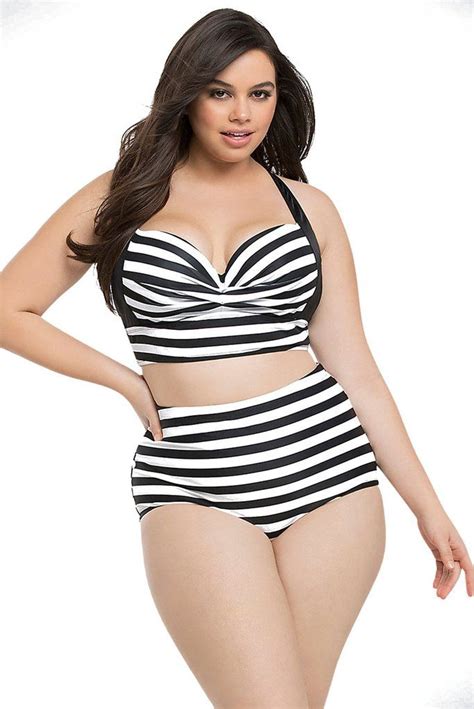 White Black Striped Curvy High Waist Bikini Swimsuit Plus Size Swimwear Plus Size Bikini