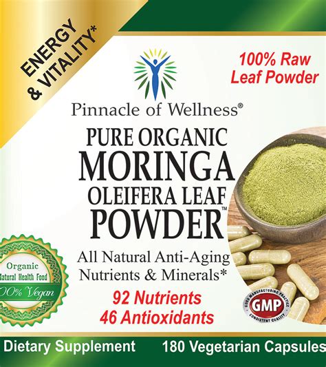 Pure Organic Moringa Oleifera Leaf Powder 180 Capsules 90 Servings