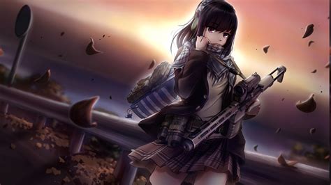 1021 gun hd wallpapers and background images. anime Girls, Anime, Scarf, Original Characters, Black Hair, Gun, Headphones, Leaves, Long Hair ...