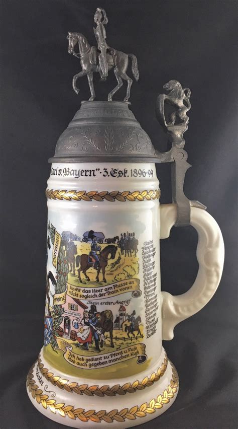 Nm Vintage Reproduction German Regimental Beer Stein Pewter Lid