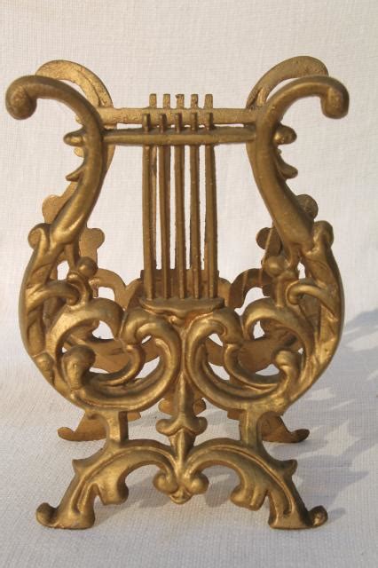 Vintage Gold Rococo Ornate Cast Metal Lyre Harp Music Stand Magazine Rack
