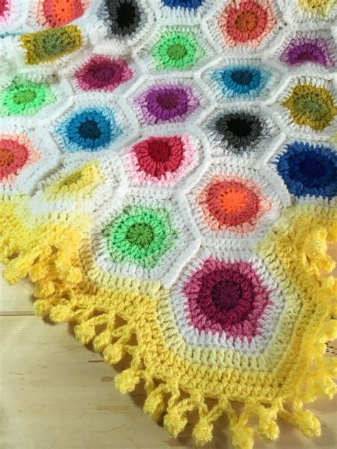 Hexagon Baby Blanket Bright Crochet Baby Afghan With Yellow Pom Pom