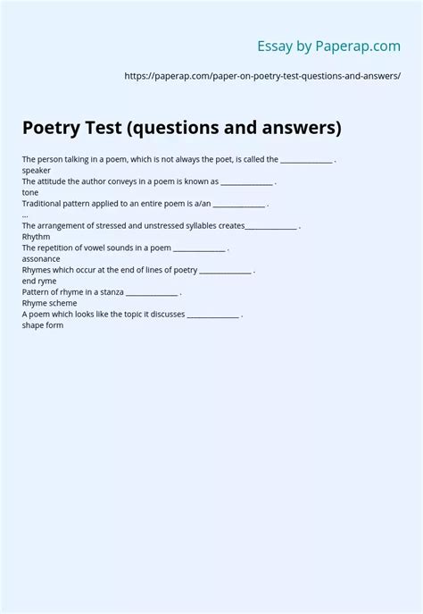 Poetry Test Questions And Answers Free Essay Example