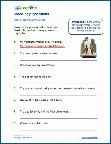 choosing prepositions worksheets  learning