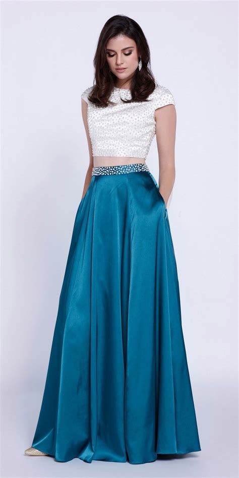 Crop Top Short Sleeves Two Piece Satin A Line Prom Gown Teal Crop Top