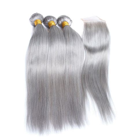 Brazilian Silver Gray Hair Bundles With Closure Straight Grey Colored