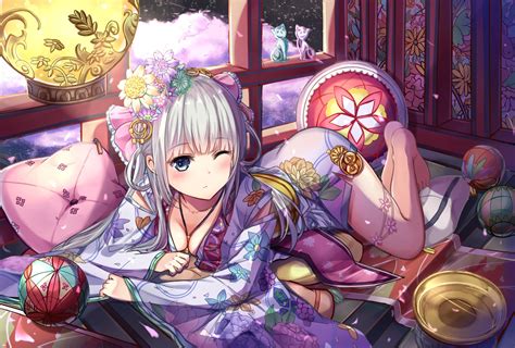 Wallpaper Kimono Japanese Outfit Anime Girl Lying Down