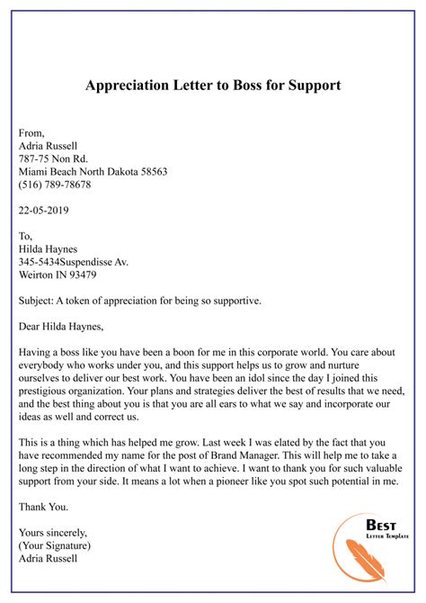 Appreciation Letter Template To Boss Format Sample And Example