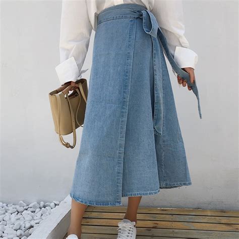 Exotao Bandage High Waist Jeans Skirts Women Vintage Denim Faldas A Line Female Saias 2017