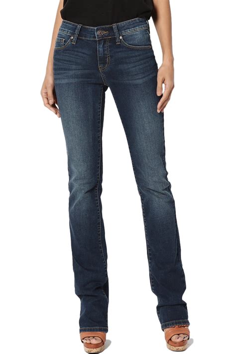 Themogan Womens Mid Rise Slim Fit Bootcut Jeans In Soft Dark Blue Denim