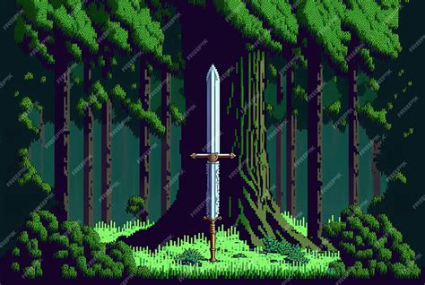 Premium Ai Image Pixel Art Sword Stuck In Stone In Forest Excalibur