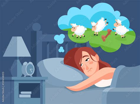 Woman Counts Sheep To Sleep Insomnia Cartoon Vector Illustration Girl Counting Sheep Lie On