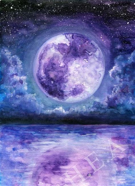 Watercolor Moon Painting Print Purple Moon Wall Art Moon Etsy