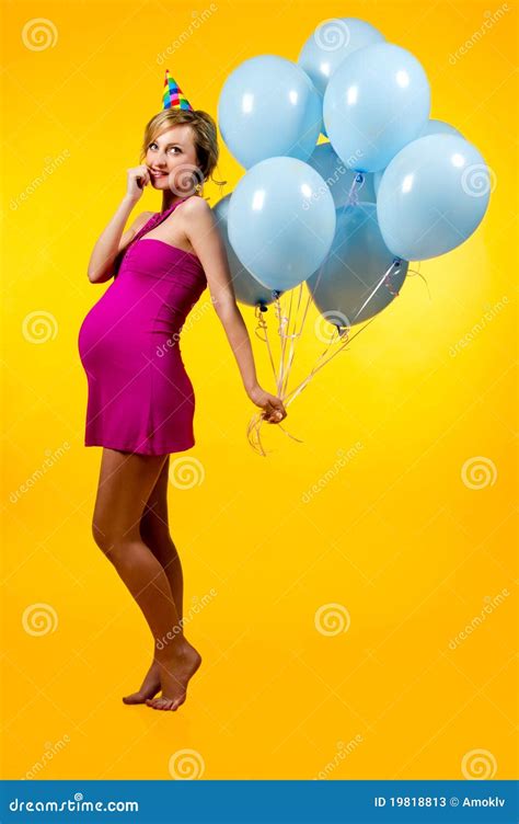 Lovely Pregnant Young Woman With Blue Balloons Stock Image Image Of Celebration Celebrate