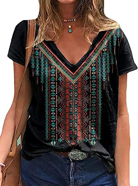 Chvity Women Summer Casual V Neck Short Sleeve T Shirt Western Aztec Ethnic Diamond