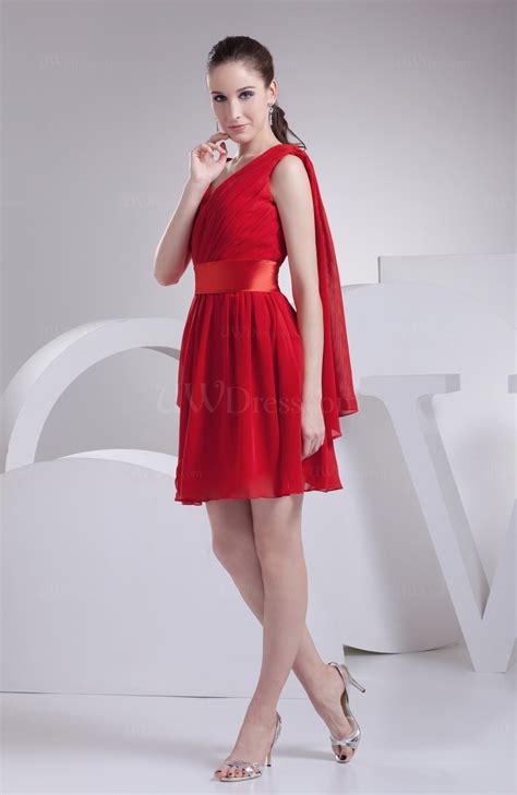 Red Elegant Asymmetric Neckline Sleeveless Chiffon Short Ruching