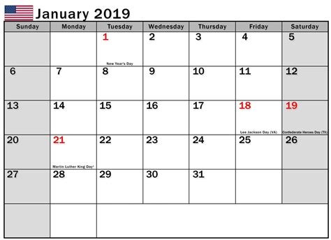 January 2019 Calendar With Holidays Usa Holiday Calendar Printable