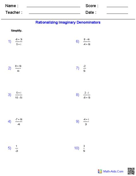 Rationalizing Complex Numbers Worksheet