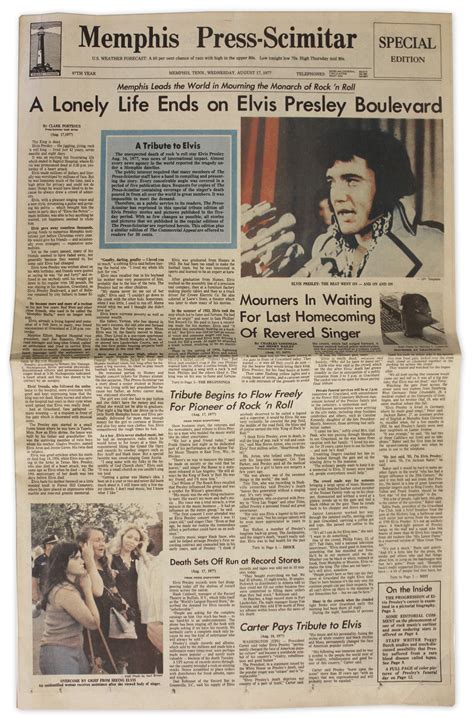 Lot Detail Elvis Presley Newspaper From His Hometown Of Memphis