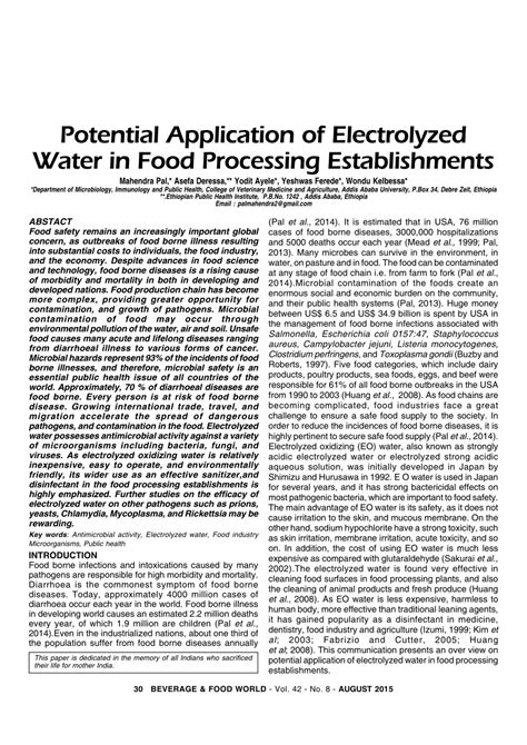 PDF Potential Application Of Electrolyzed Water In Food Processing