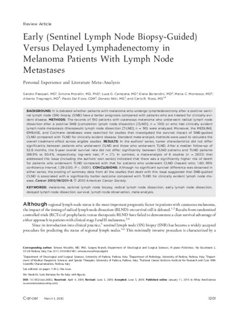 Pdf Early Sentinel Lymph Node Biopsy Guided Versus Delayed