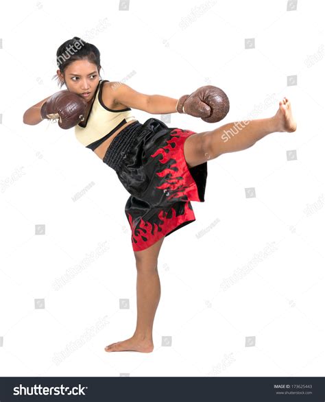 Female Muay Thai Fighter Isolated On White Background