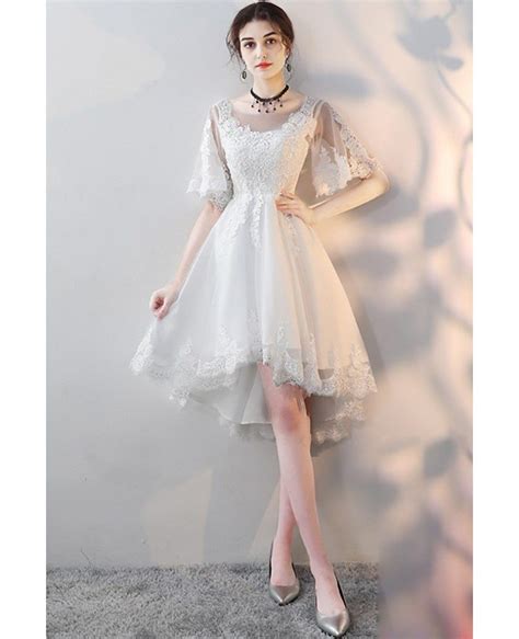 Elegant White Lace High Low Party Dress With Sleeves Mxl86003
